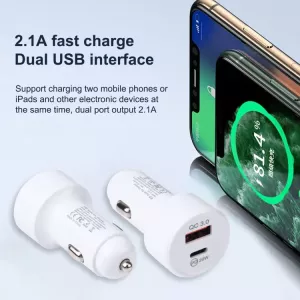 CL nabíječka do auta QC 3.0 20W pro telefony Huawei / Honor + dobíjecí a datový kabel s "C" konektorem, bílá, 12V / 24V S-T-A-R