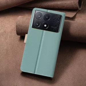 Kožené pouzdro Poco X6 Pro green, zelené, tzv. knížka, řada TWO-COLOR, materiál syntetická kůže TT-TopTechnology